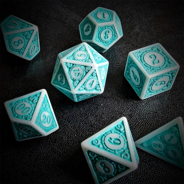 Cyan Lattice on White Acrylic - 7pcs RPG Full Dice Set Scatter